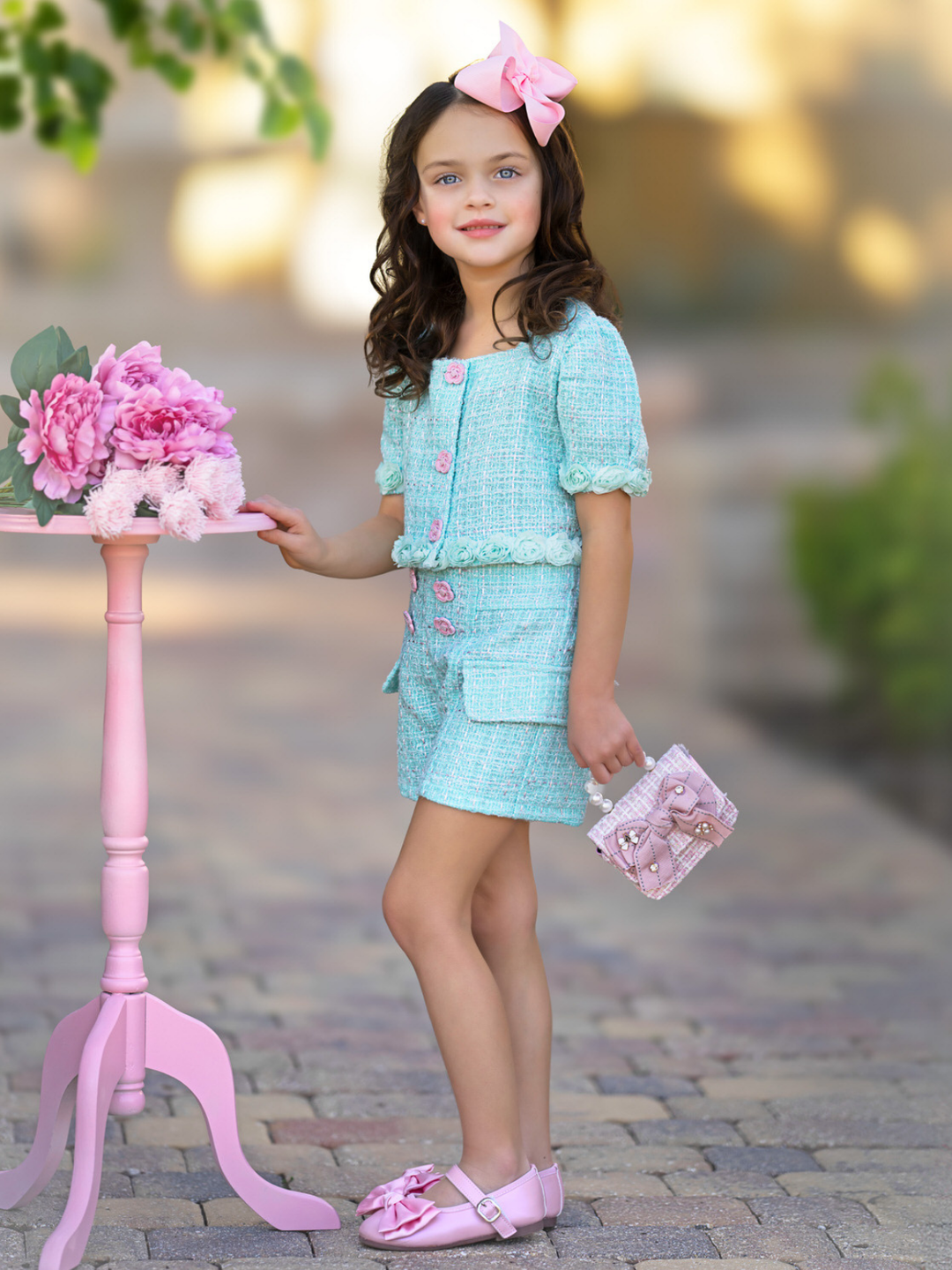 Mint Rosette Puff Sleeve Tweed Top and Short Set Mia Belle Girls