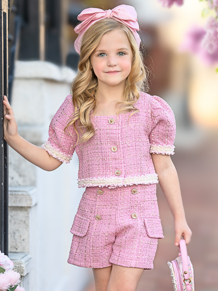 Blush Pearl Puff Sleeve Tweed Top and Short Set – Mia Belle Girls