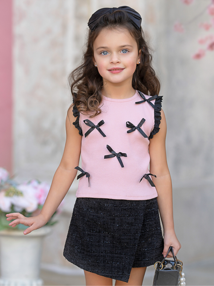 Pink Bow Top and Black Tweed Skort Set