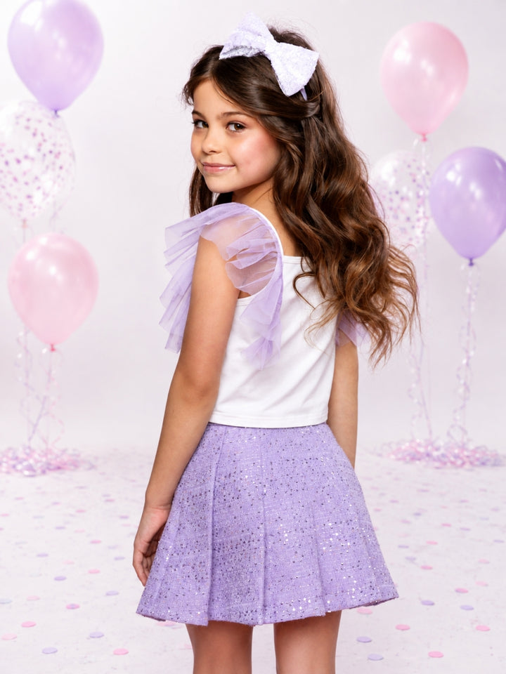 Sweet Bow Flutter Sleeve Top and Tweed Skirt Set