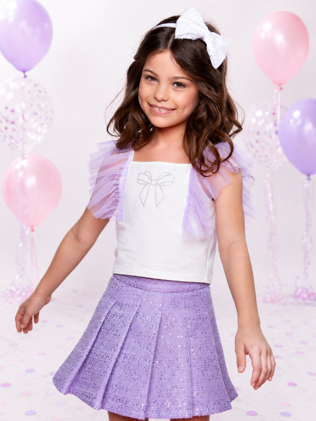 Sweet Bow Flutter Sleeve Top and Tweed Skirt Set