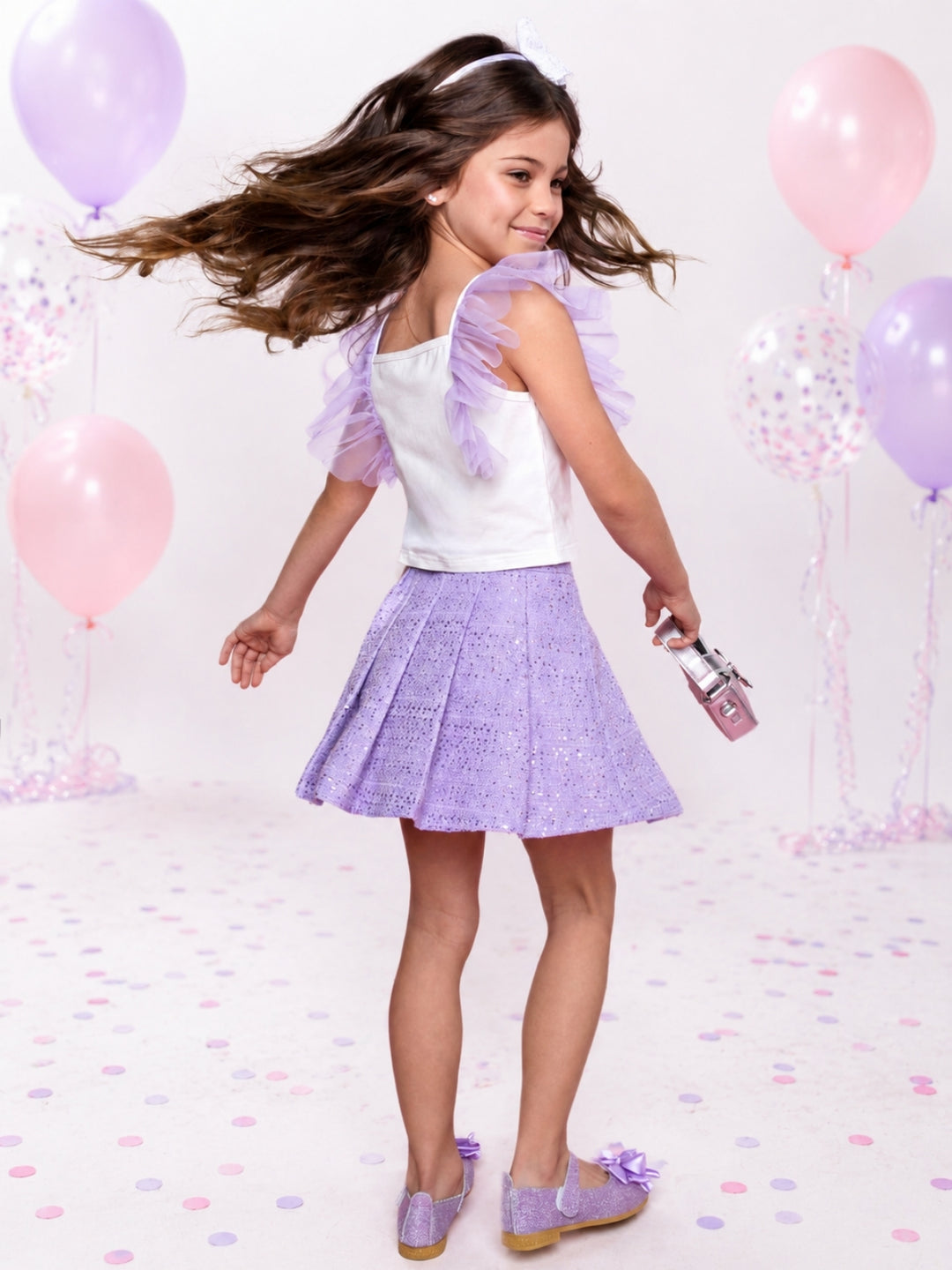 Sweet Bow Flutter Sleeve Top and Tweed Skirt Set