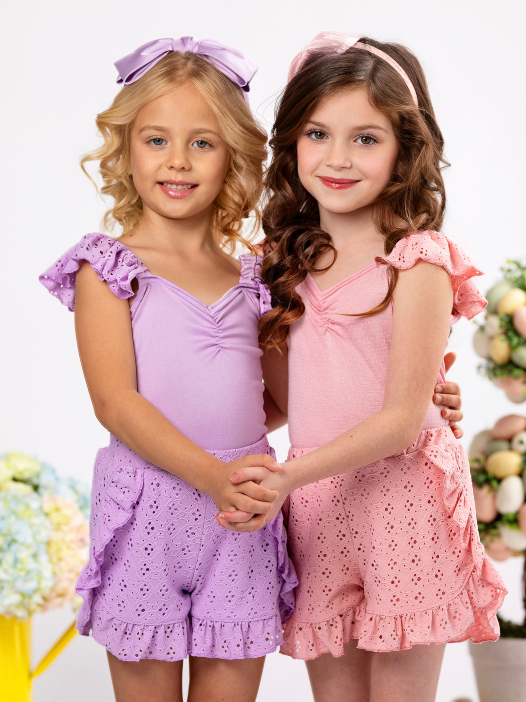 Kids lavender summer outfit with ribbed top and eyelet ruffle shorts