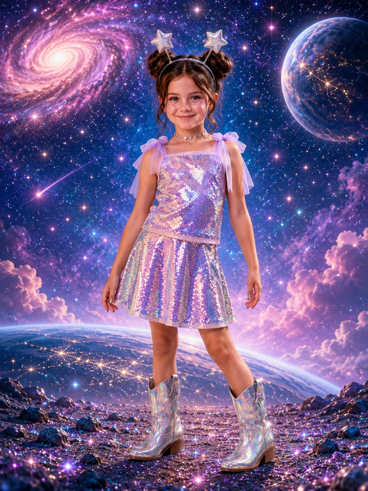 Sparkly holographic space costume for girls with a twirl skirt.