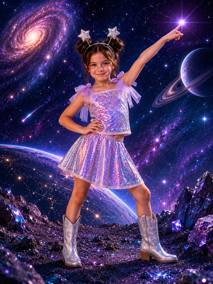 Space-inspired girls Halloween costume featuring an iridescent top and matching skirt.