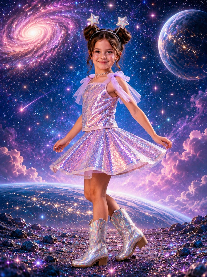 Girl wearing a Galaxy Girl Halloween costume with a shimmering holographic two-piece outfit.
