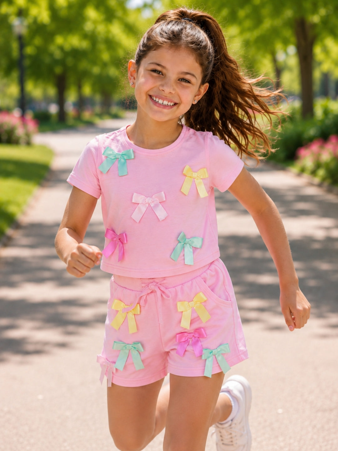 Playful Pastel Bow Cotton Top and Short Set