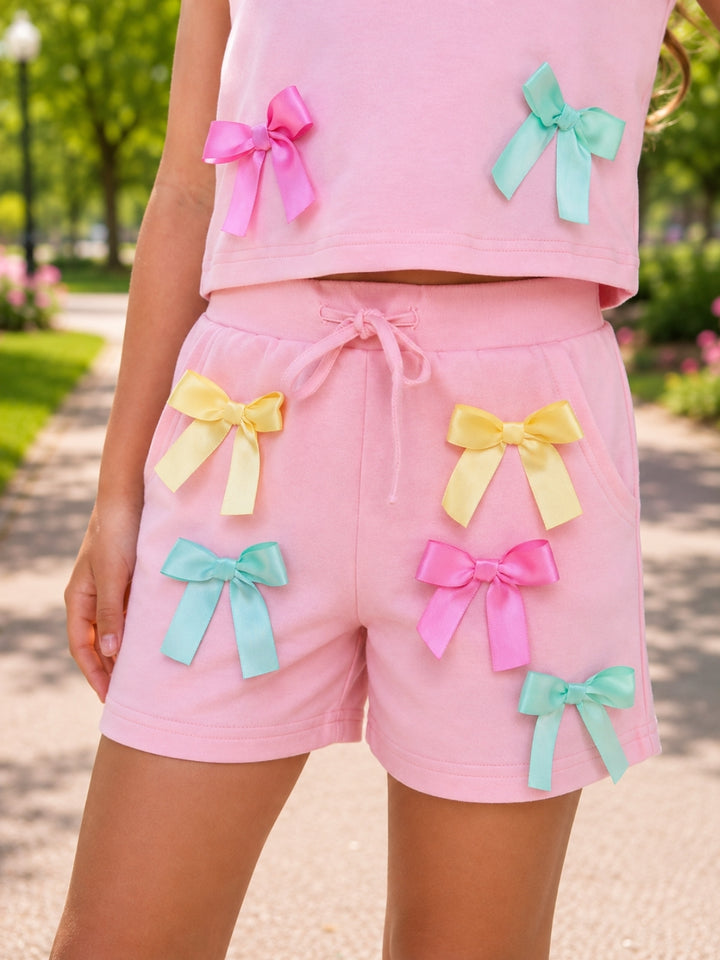 Playful Pastel Bow Cotton Top and Short Set