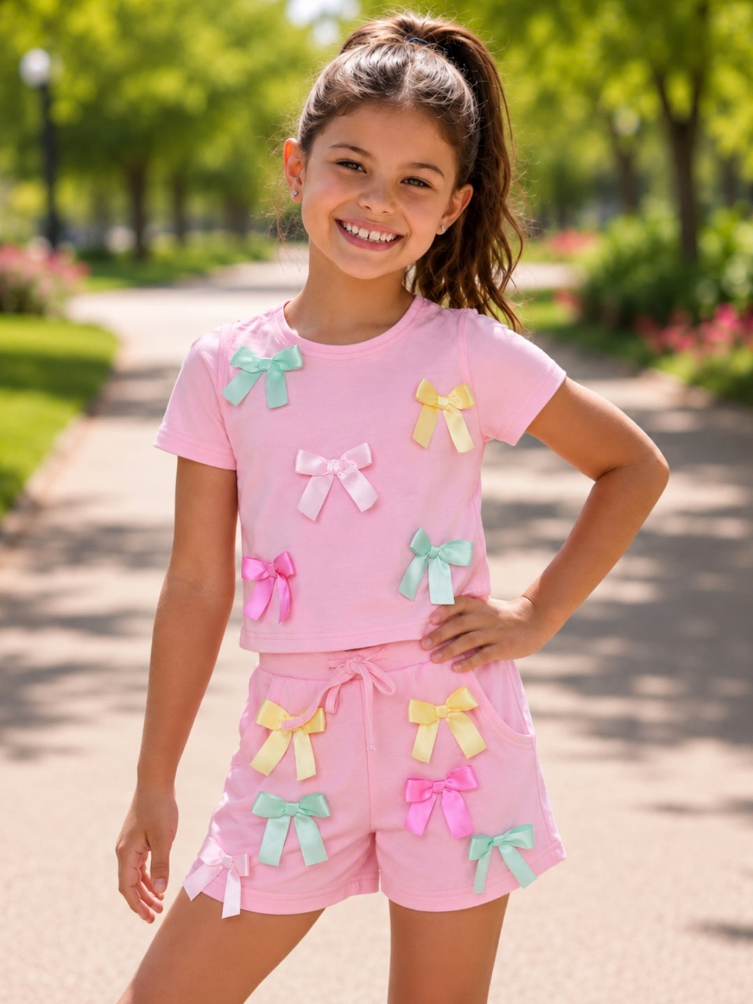 Playful Pastel Bow Cotton Top and Short Set