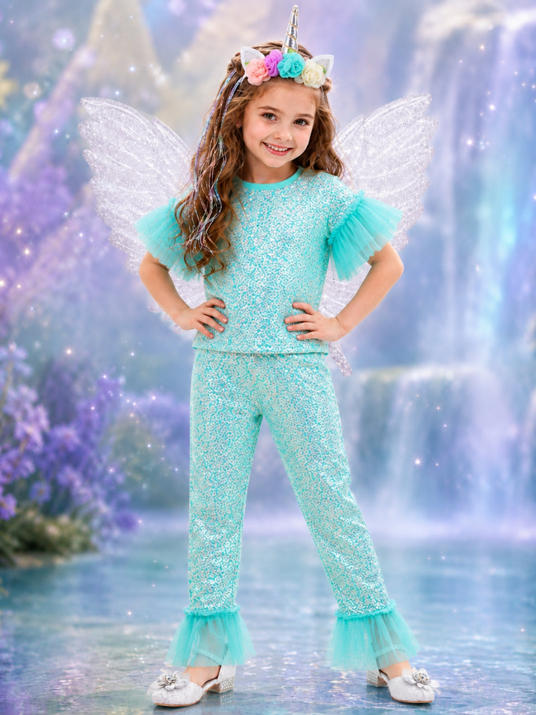 Girls fantasy Halloween costume with fairy wings and unicorn accessories.