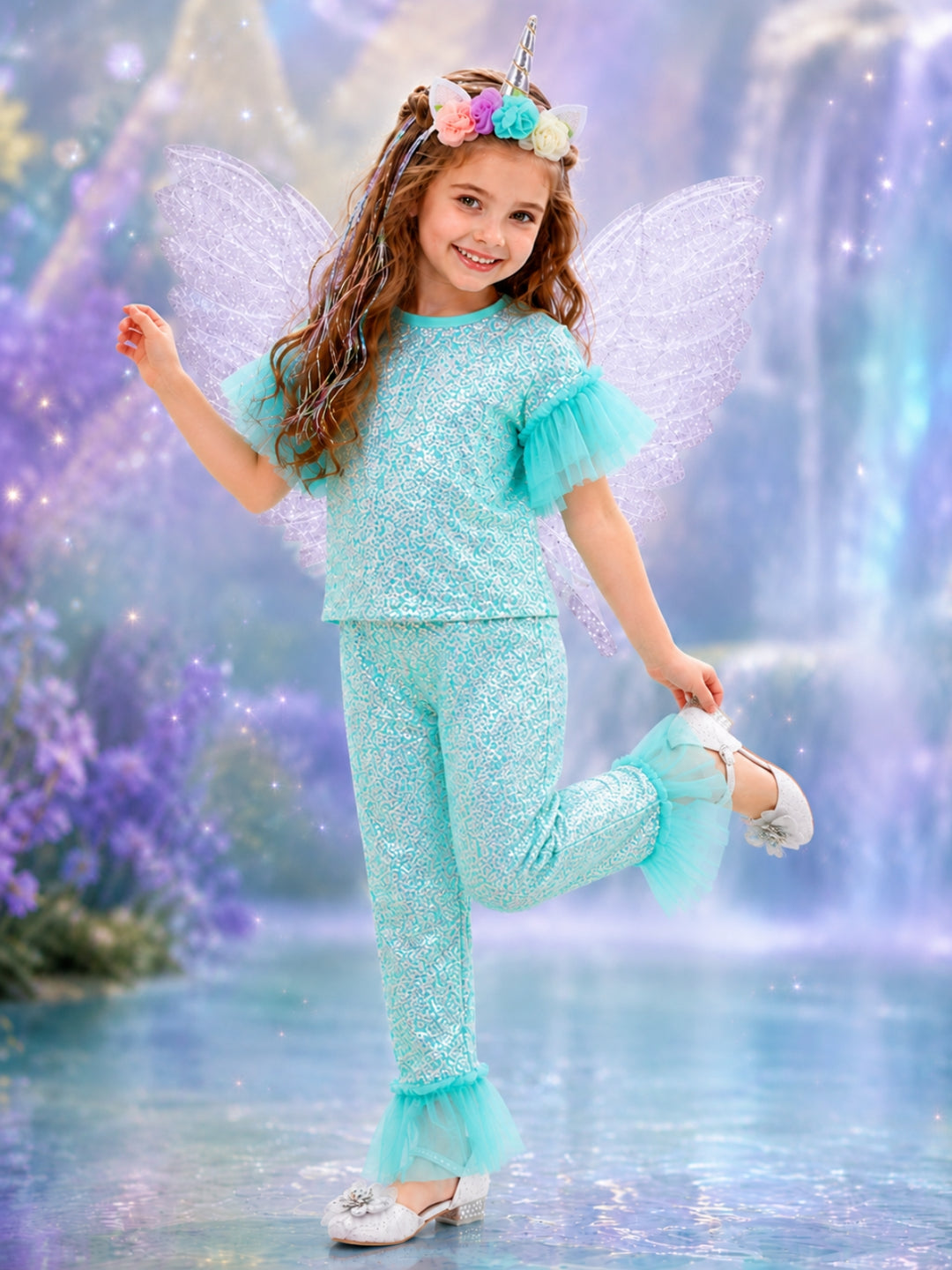 Magical unicorn fairy Halloween costume featuring a shimmering aqua top and matching pants.