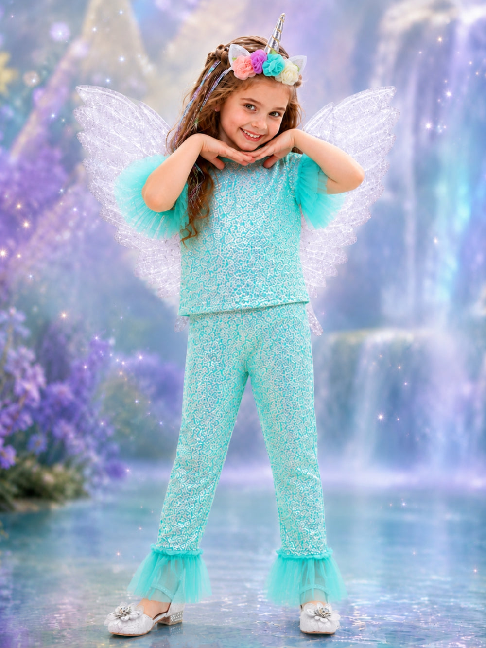 Aqua unicorn fairy costume for girls with sparkling fairy wings and floral unicorn headband.