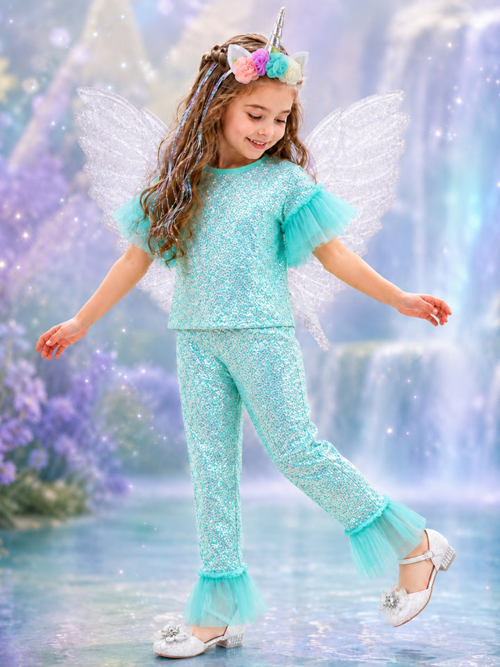 Girl wearing an Aqua Unicorn Fairy Halloween costume with a shimmering two-piece outfit.
