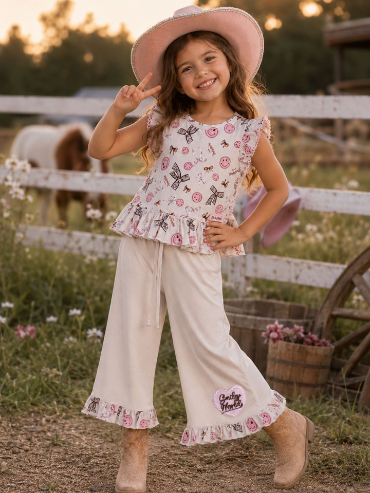 SmileyWorld Bow Print Peplum Top & Wide Leg Pant Set