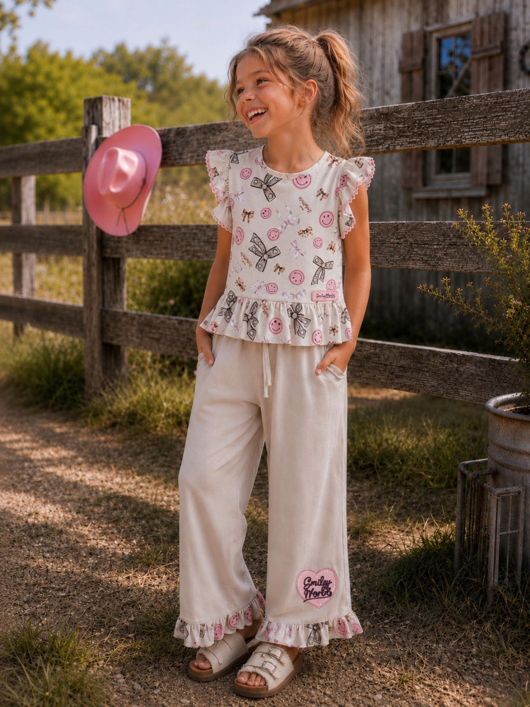SmileyWorld Bow Print Peplum Top & Wide Leg Pant Set