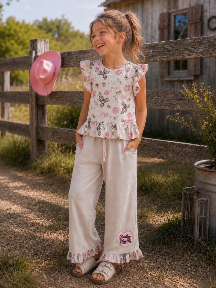 SmileyWorld Bow Print Peplum Top & Wide Leg Pant Set