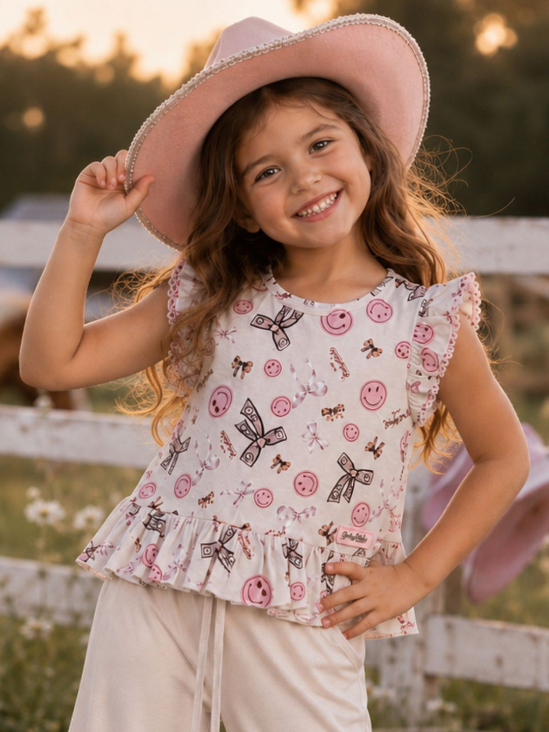 SmileyWorld Bow Print Peplum Top & Wide Leg Pant Set