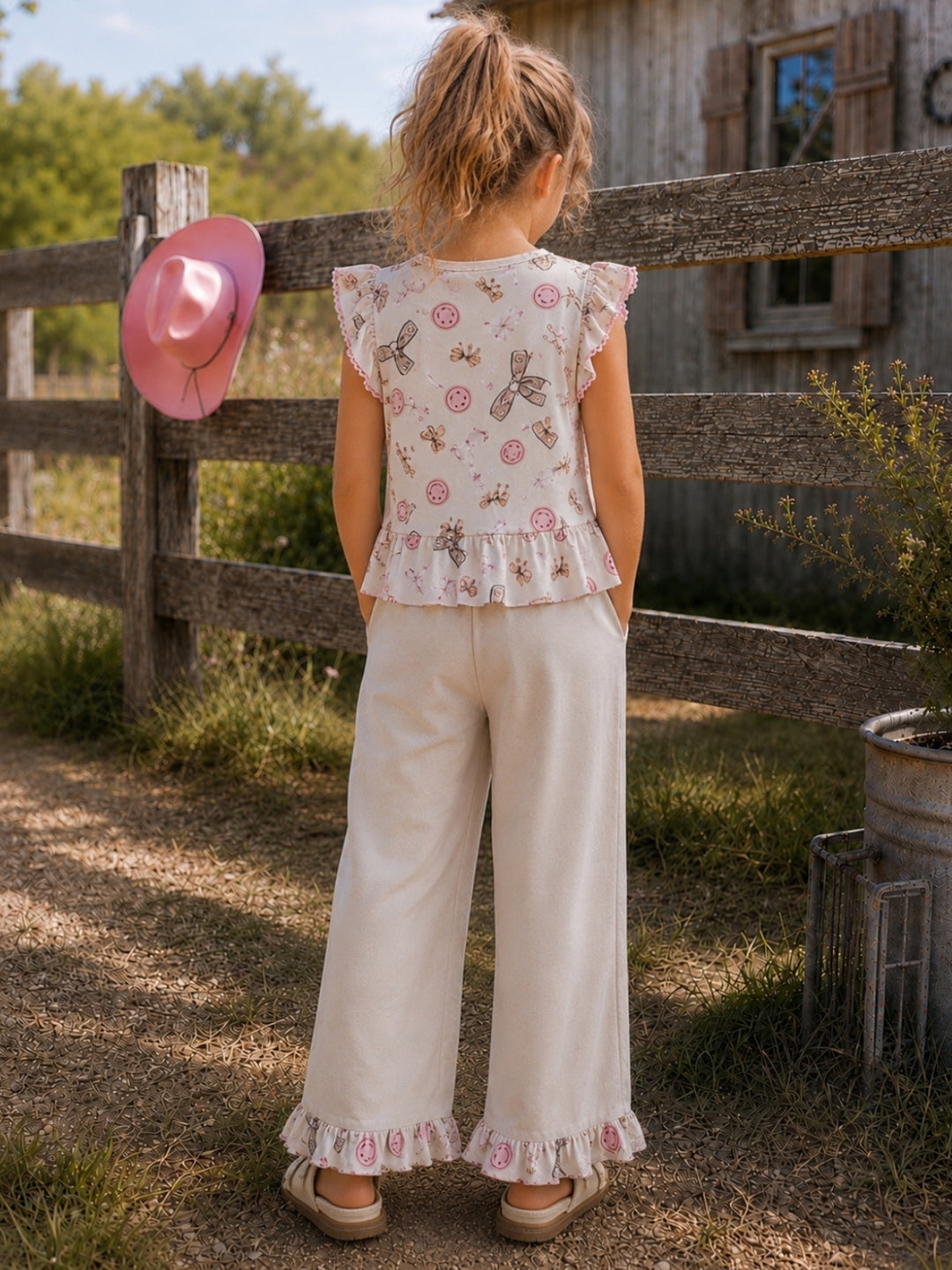 SmileyWorld Bow Print Peplum Top & Wide Leg Pant Set