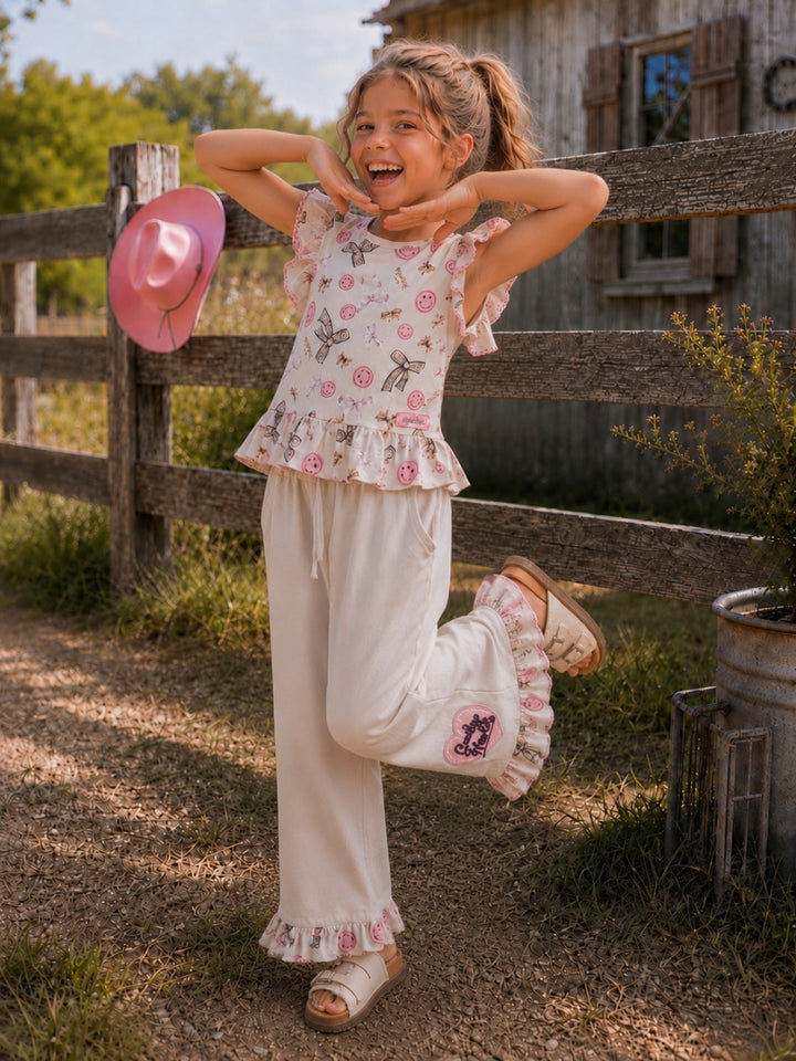 SmileyWorld Bow Print Peplum Top & Wide Leg Pant Set