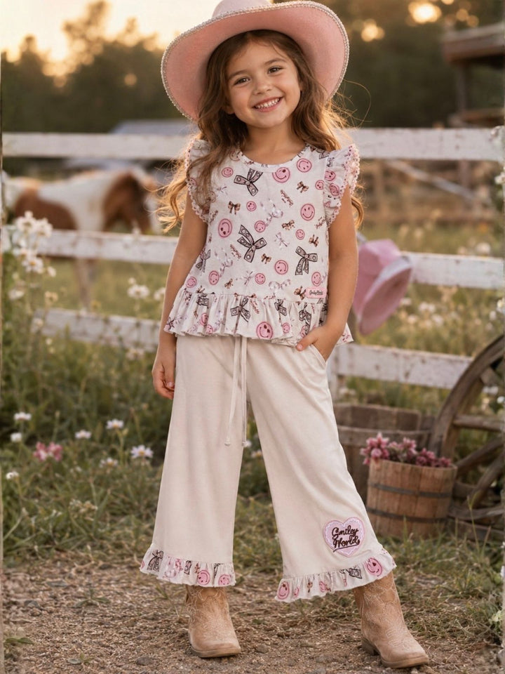 SmileyWorld Bow Print Peplum Top & Wide Leg Pant Set
