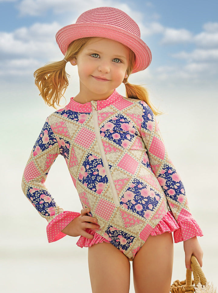 Girls Floral Patchwork One Piece Swimsuit | Mia Belle Girls Swimwear