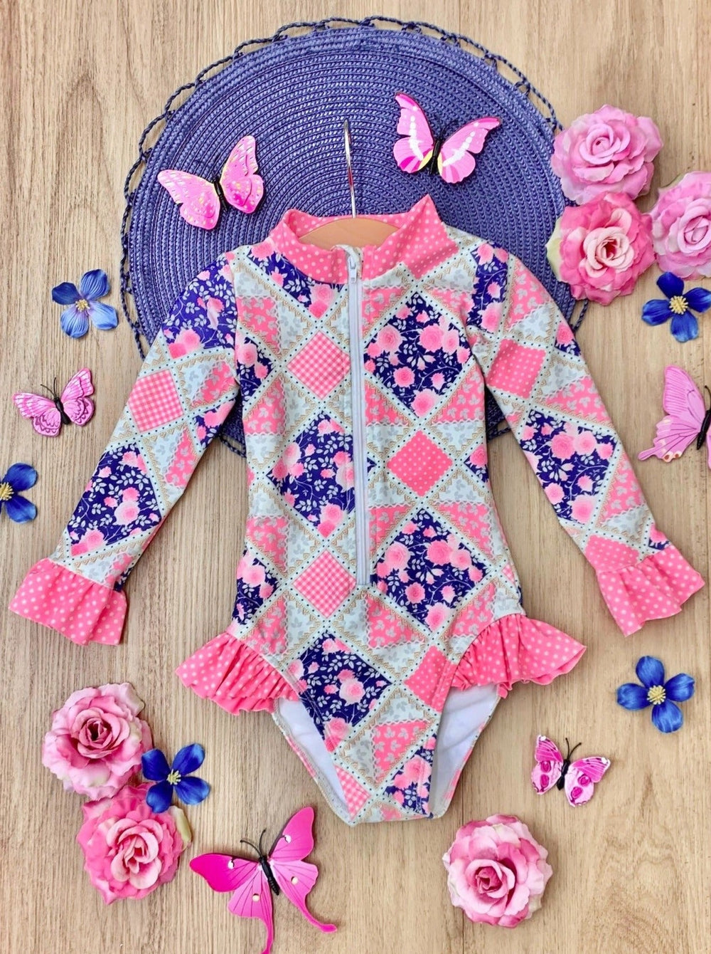 Girls Floral Patchwork One Piece Swimsuit | Mia Belle Girls Swimwear