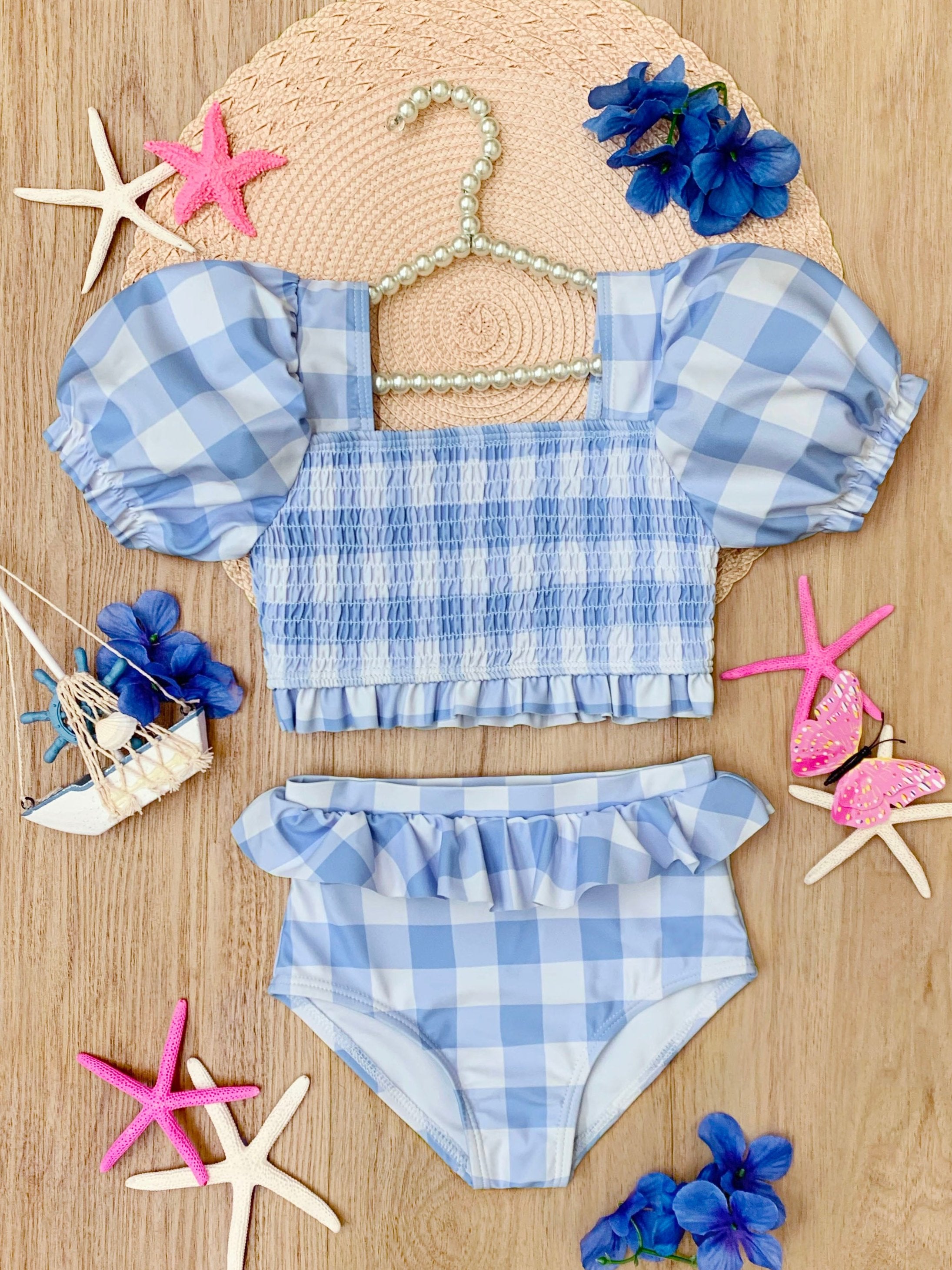 Blue Skies Gingham Puff Sleeve Two-Piece Swimsuit – Mia Belle Girls