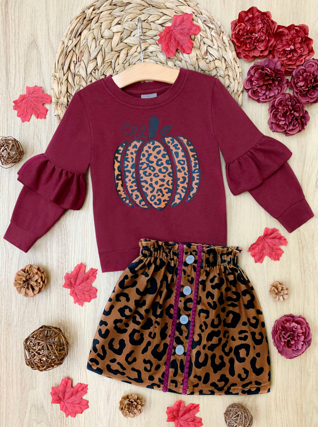 Mia Belle Girls Fall Leopard Print Pumpkin Top & Skirt Set