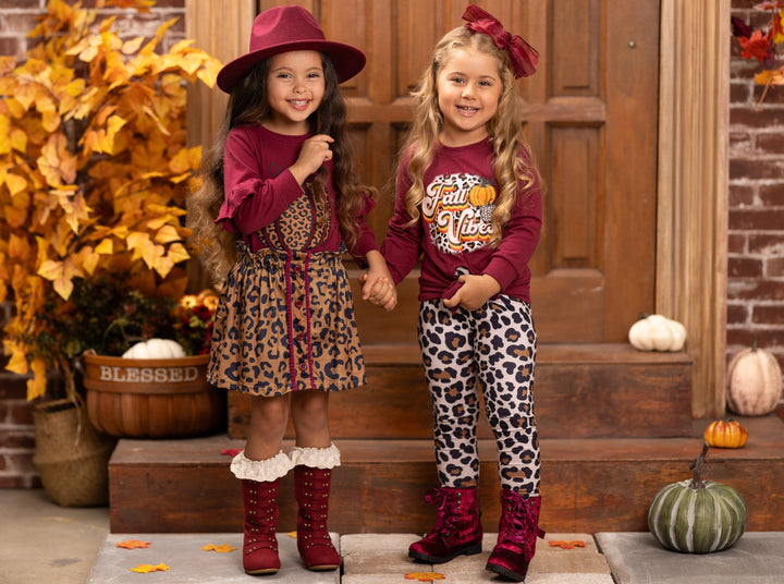 Mia Belle Girls Fall Leopard Print Pumpkin Top & Skirt Set