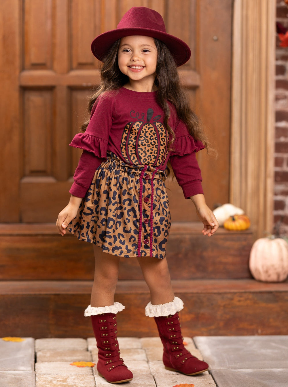 Mia Belle Girls Fall Leopard Print Pumpkin Top & Skirt Set