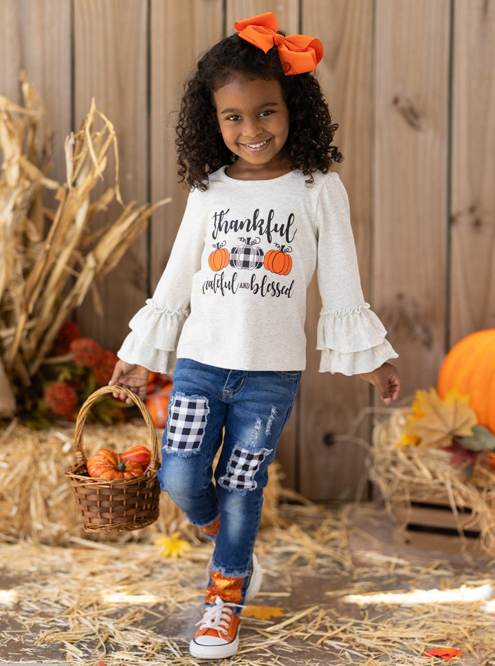 Grateful Ruffle Top & Sequin Cuffed Patched Jeans Set -Mia Belle Girls