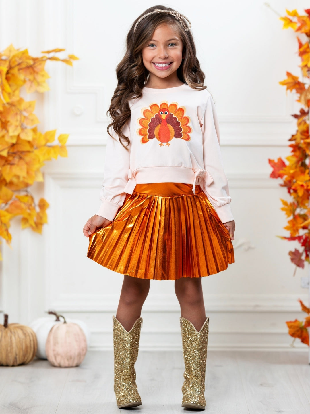 Thankful Turkey Top and Metallic Pleated Skirt Set