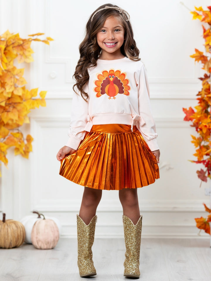 Thankful Turkey Top and Metallic Pleated Skirt Set