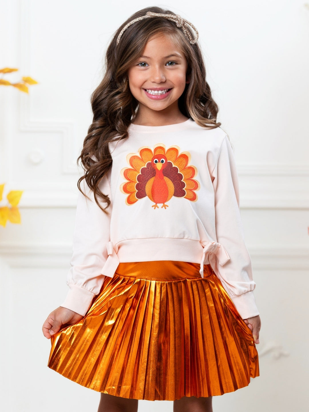 Thankful Turkey Top and Metallic Pleated Skirt Set