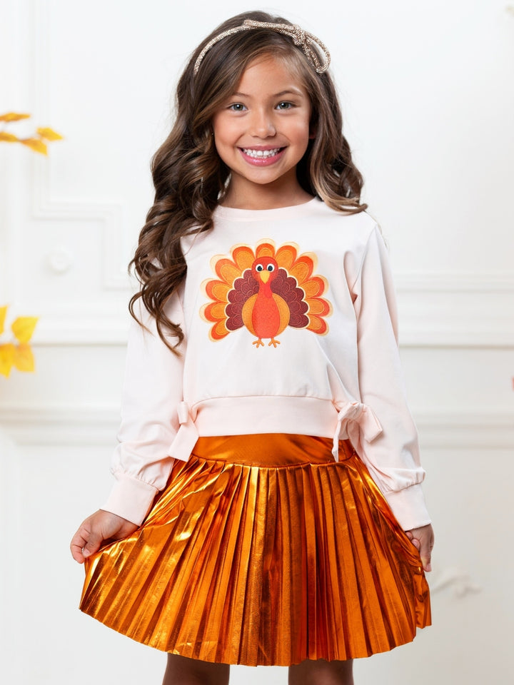 Thankful Turkey Top and Metallic Pleated Skirt Set