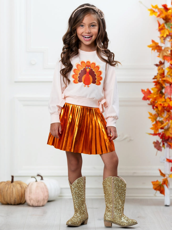 Thankful Turkey Top and Metallic Pleated Skirt Set