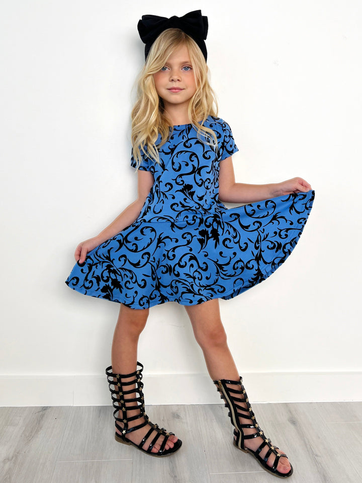 Kids Couture x Mia Belle Girls Blue Black Velvet Brocade Vine Dress