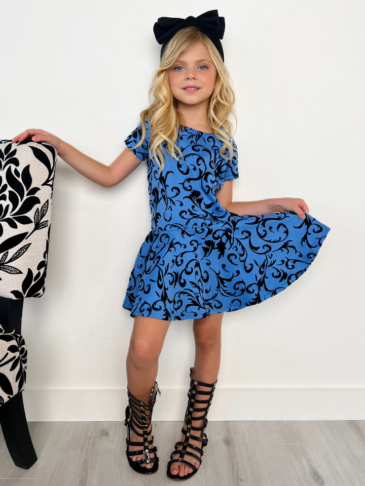 Kids Couture x Mia Belle Girls Blue Black Velvet Brocade Vine Dress