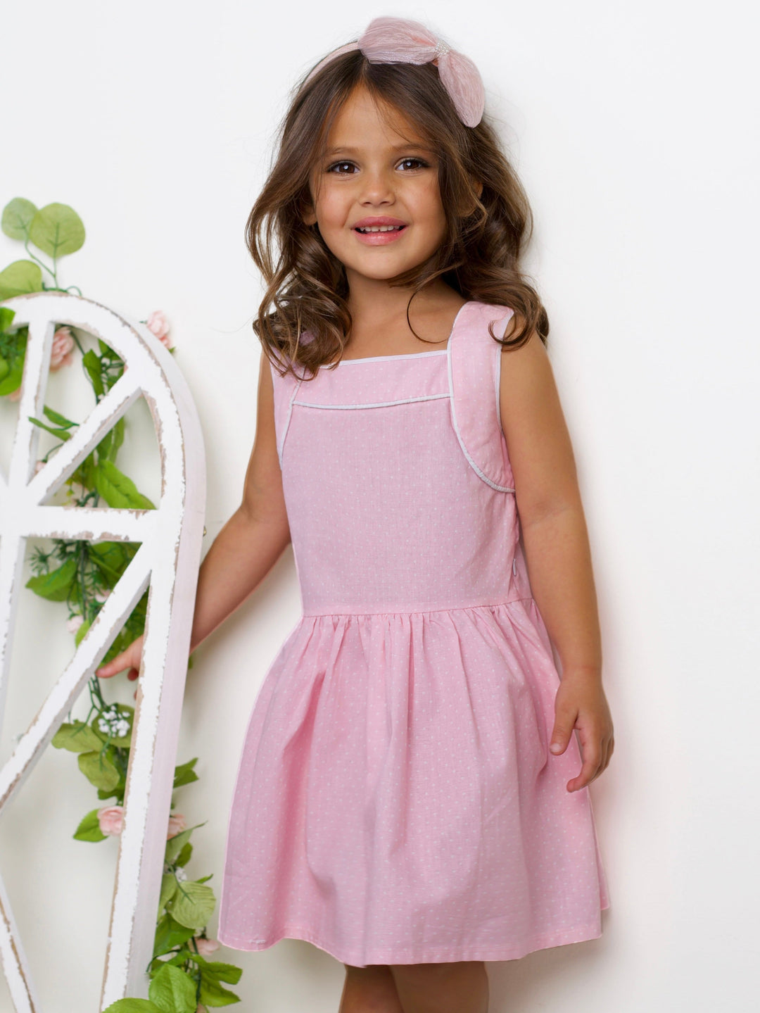 Kids Couture x Mia Belle Girls Pink Microdot Ruffle Dress