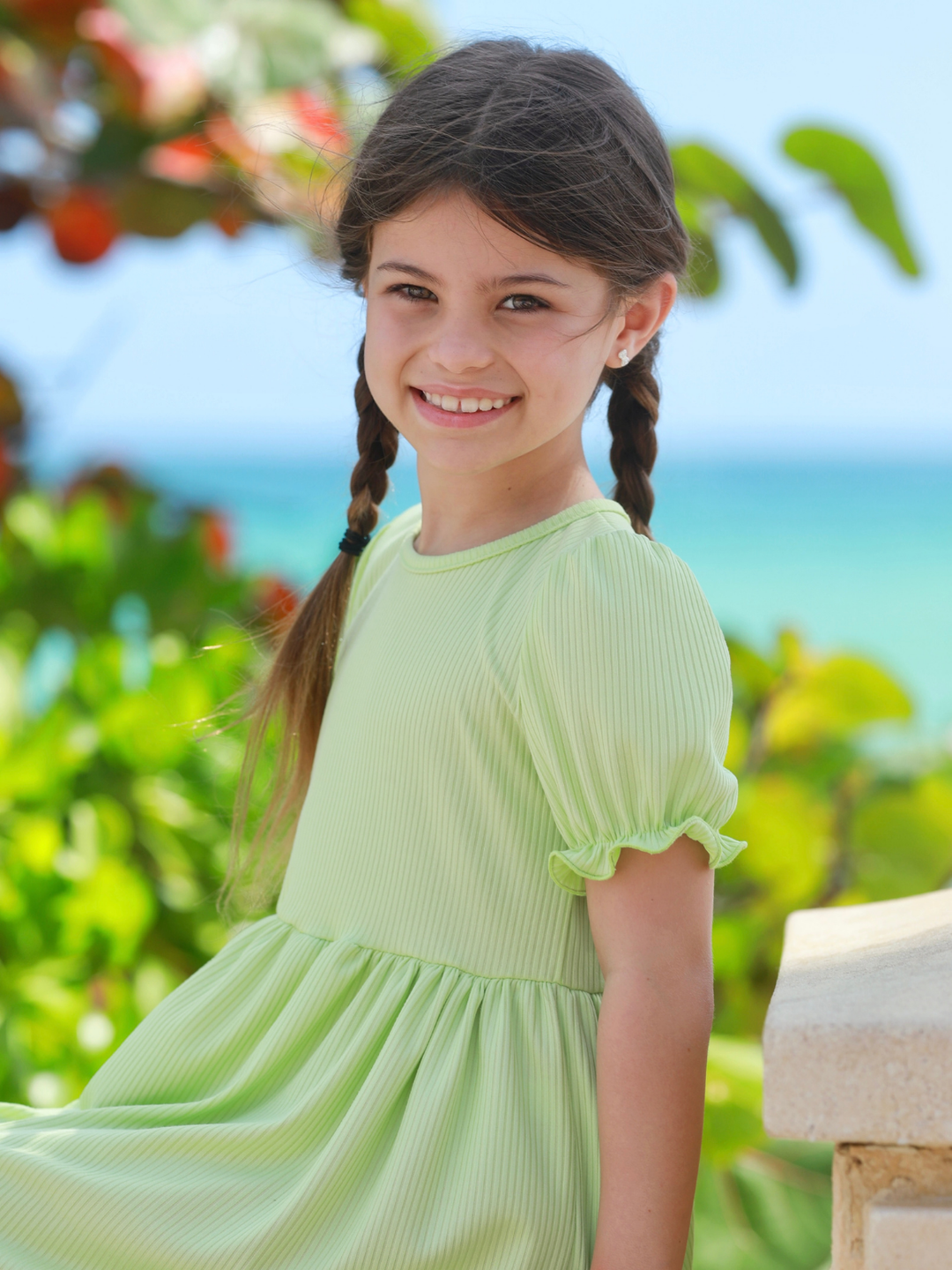 Lime Ribbed Puff Sleeve Everyday Dress Green / 7/8