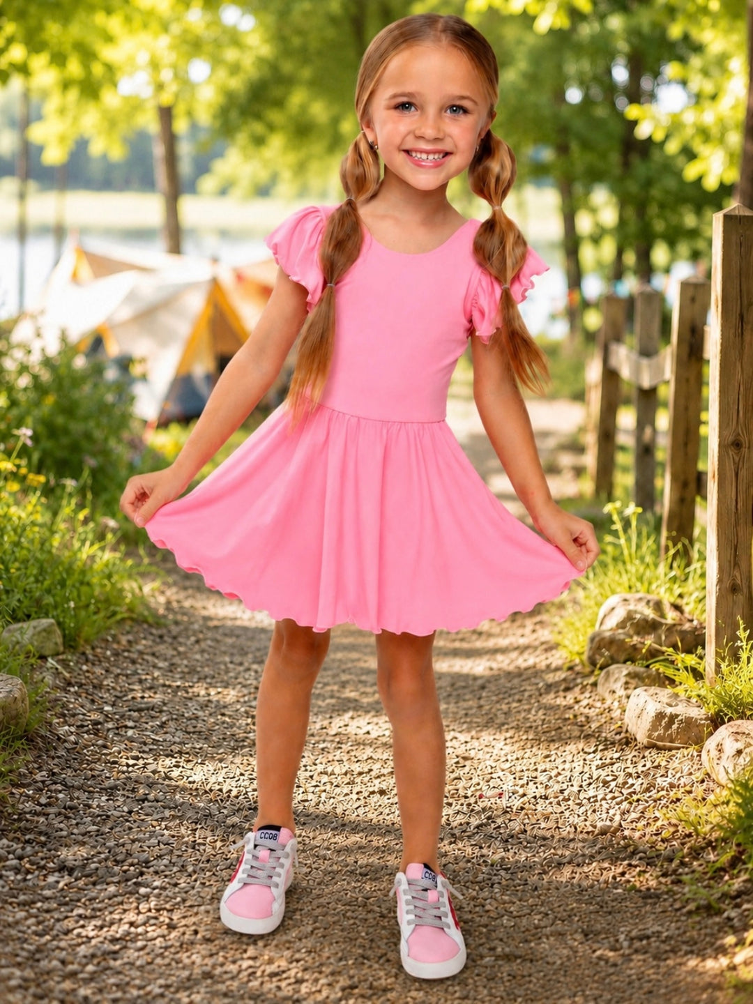 Girls pink active dress with flutter sleeves and twirl skirt
