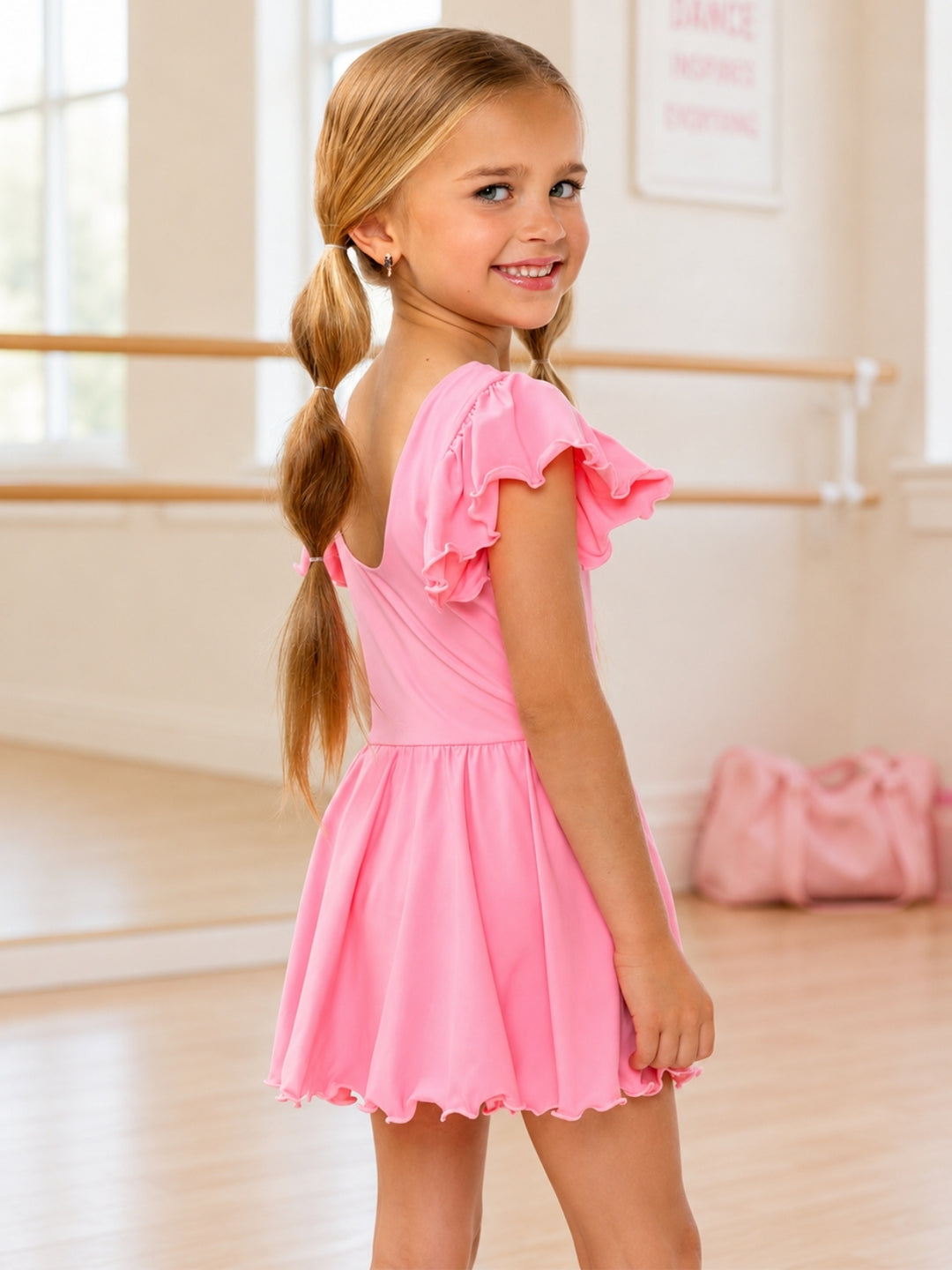 Pink Flutter Sleeve Active Dress with Built-In Bloomers