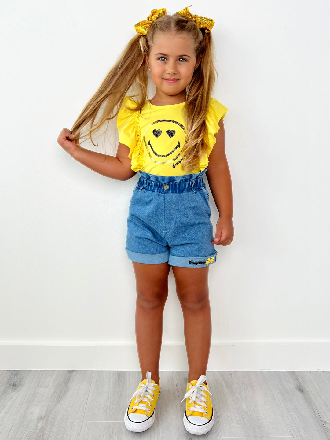 SmileyWorld® Flutter Sleeve Top And Denim Shorts Set | Mia Belle Girls