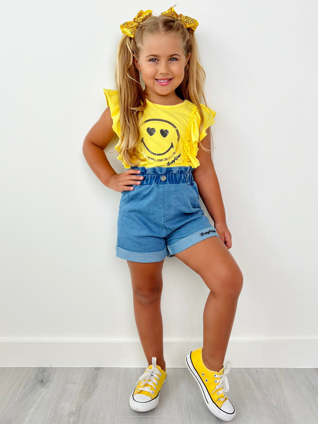 SmileyWorld® Flutter Sleeve Top And Denim Shorts Set | Mia Belle Girls