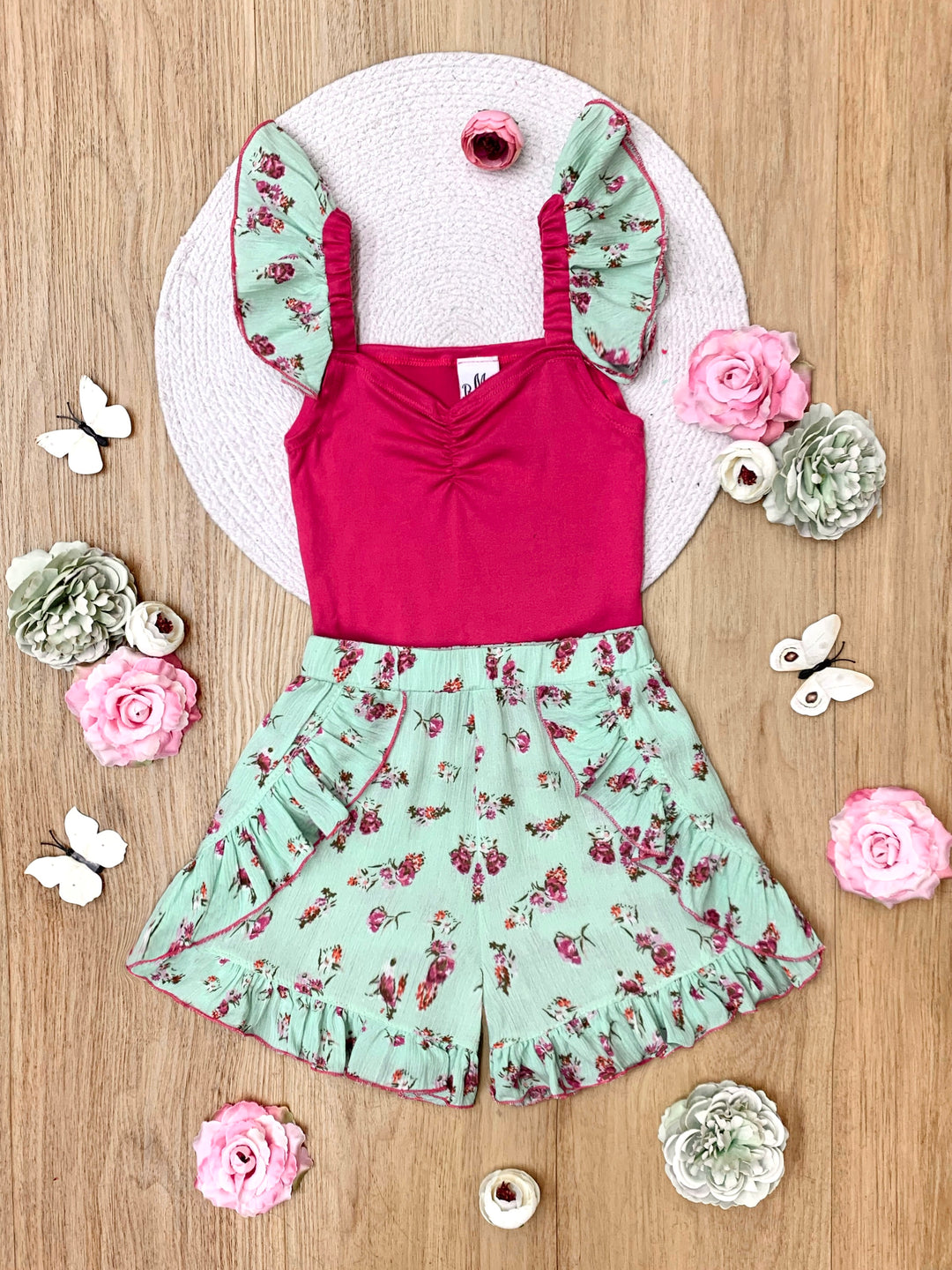 Fuchsia Floral Ruffle Top and Mint Blossom Shorts Set