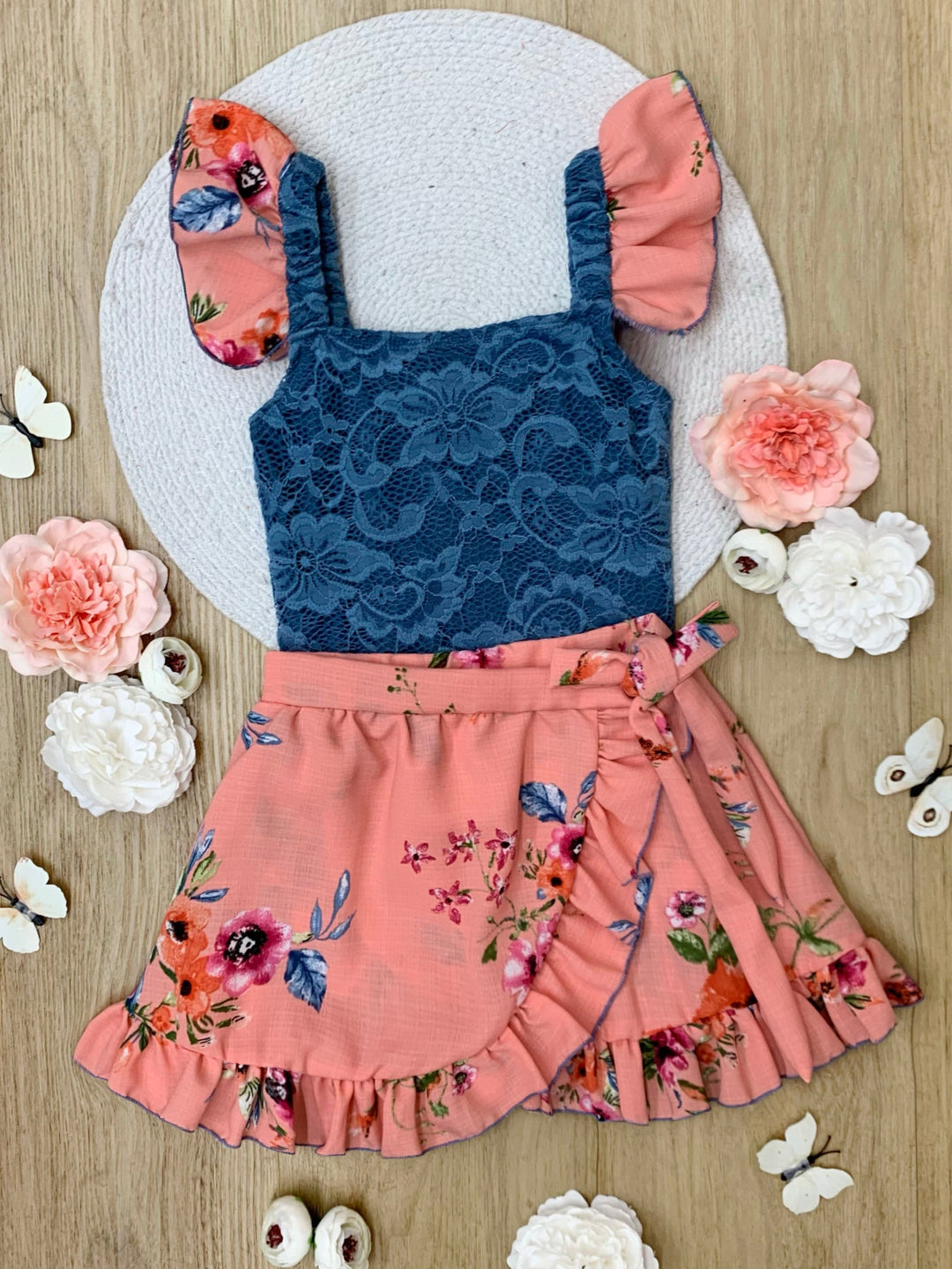 Boho Bloom Lace Top and Floral Ruffle Skort Set