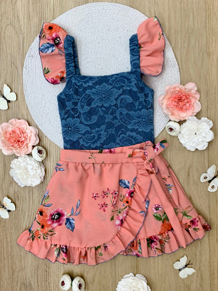 Boho Bloom Lace Top and Floral Ruffle Skort Set