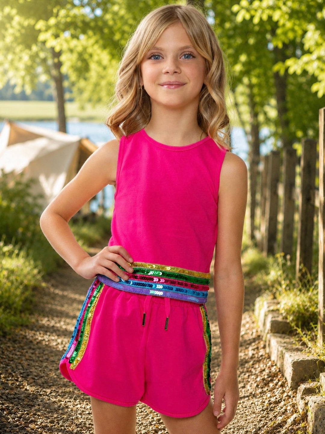 Girls neon pink active set with rainbow sequin trim