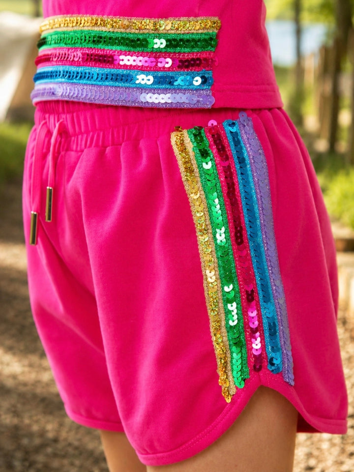 Bright pink sporty short set for girls with colorful sequins