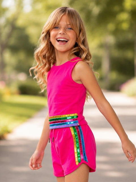 Neon Glow Sequin Active Tank and Short Set